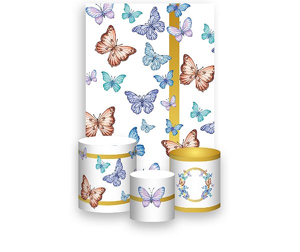 Painel De Festa Vertical 1,50 x 2,20 + Trio De Capas Cilindro - Borboleta Circulo Dourado 017