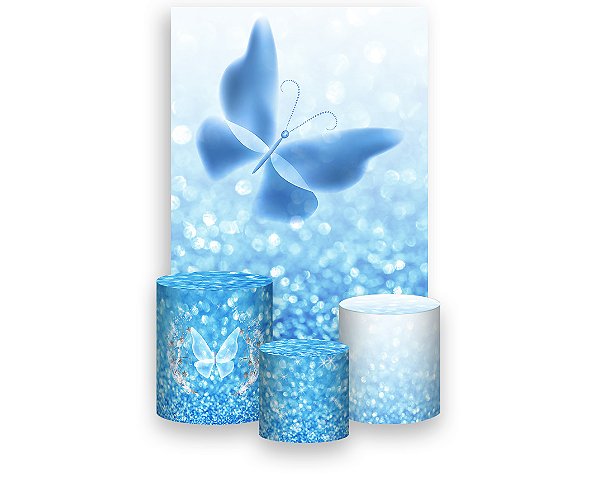 Painel De Festa Vertical 1,50 x 2,20 + Trio De Capas Cilindro - Borboleta Efeito Glitter Azul 019