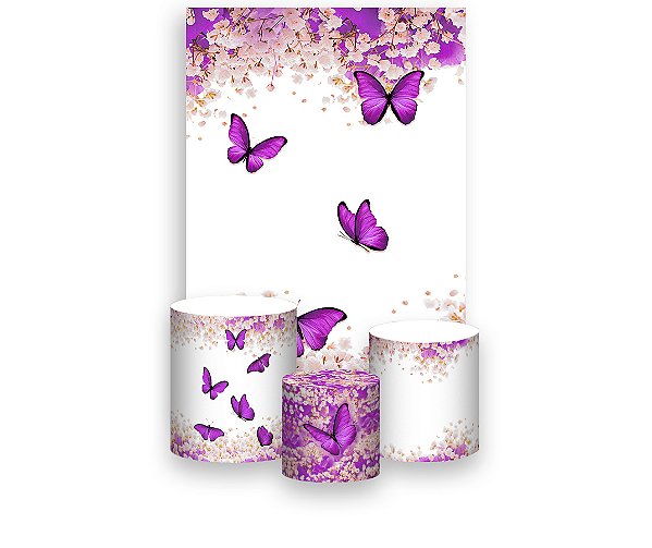 Painel De Festa Vertical 1,50 x 2,20 + Trio De Capas Cilindro -  Borboleta Roxo Floral 030
