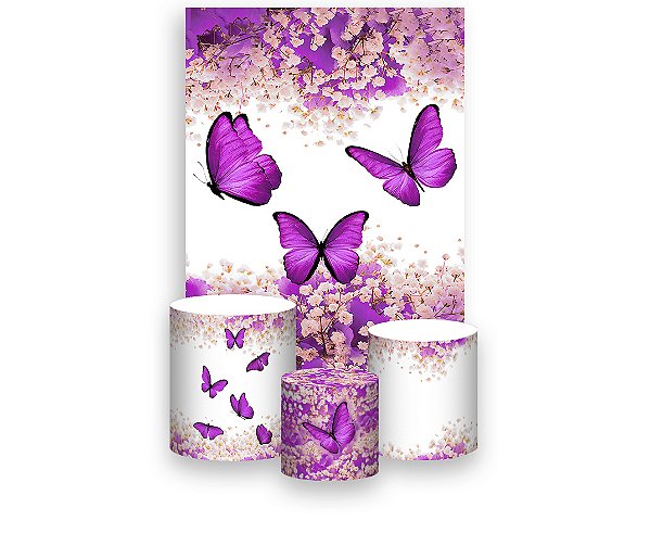 Painel De Festa Vertical 1,50 x 2,20 + Trio De Capas Cilindro -  Borboleta Roxo Com Flores 031