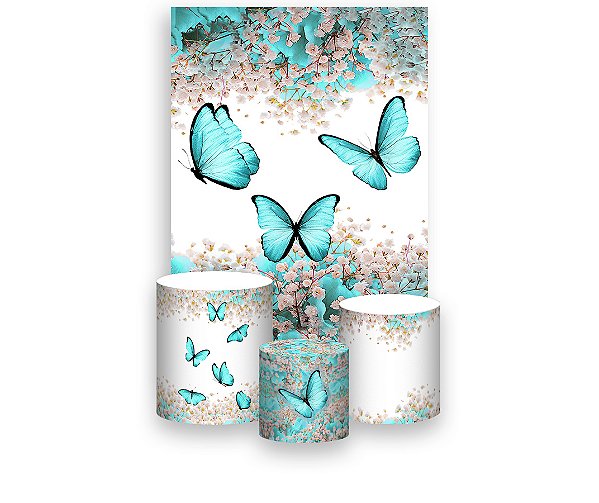 Painel De Festa Vertical 1,50 x 2,20 + Trio De Capas Cilindro - Borboleta Com Flores 033