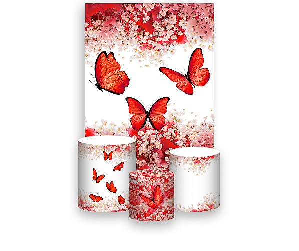 Painel De Festa Vertical 1,50 x 2,20 + Trio De Capas Cilindro - Borboleta Vermelha Com Flores 035