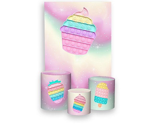 Painel De Festa Vertical 1,50 x 2,20 + Trio De Capas Cilindro - Brinquedo Push Pop It Candy 001