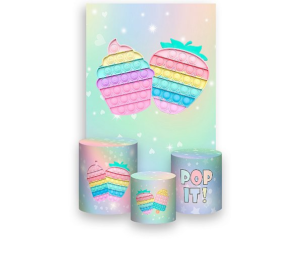 Painel De Festa Vertical 1,50 x 2,20 + Trio De Capas Cilindro - Brinquedo Bolha Pop it Arco Íris 004