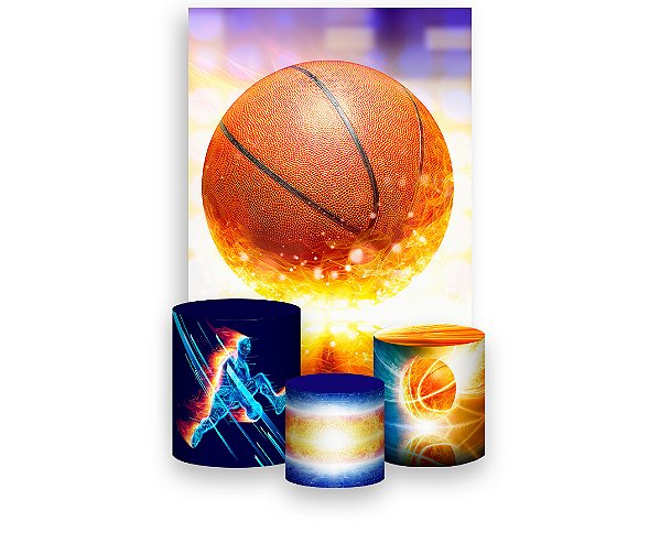 Painel De Festa Vertical 1,50 x 2,20 + Trio De Capas Cilindro - Bola de Basquete Luzes 003