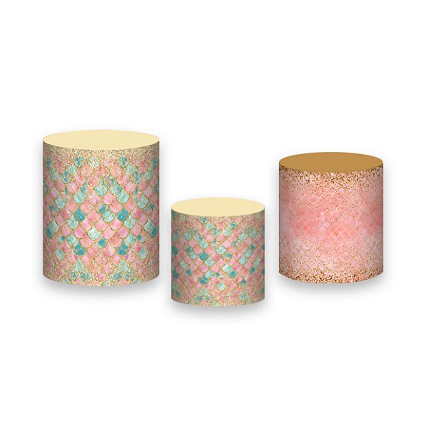 Trio De Capas De Cilindro - Escamas Rosa e Verde Efeito Glitter Dourado 015