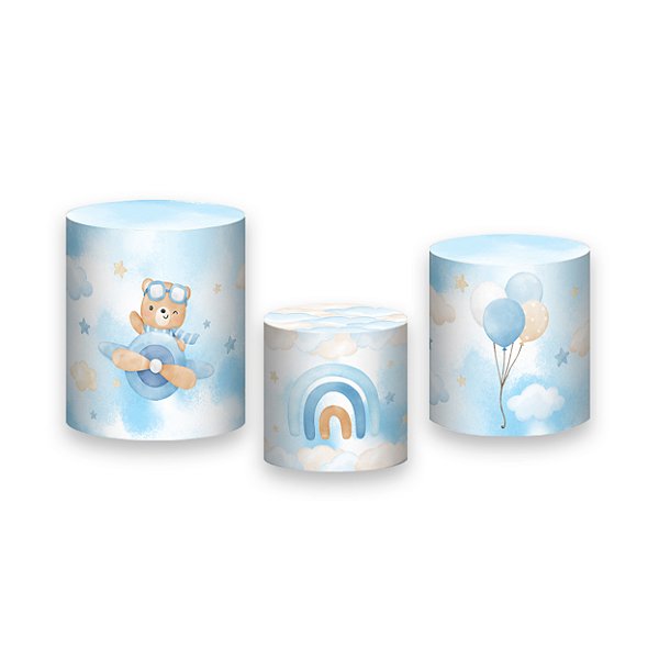 Trio De Capas De Cilindro - Chá de Bebê Urso Aviador Azul e Bege 059