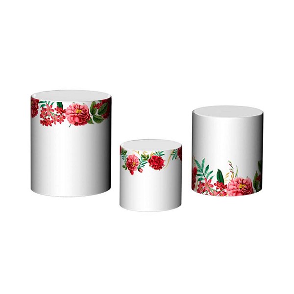 Trio De Capas De Cilindro - Branca com Flores Vermelhas 005
