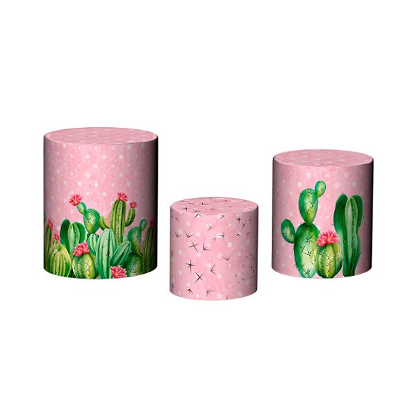 Trio De Capas De Cilindro - Cactos e Flores Fundo Rosa 018