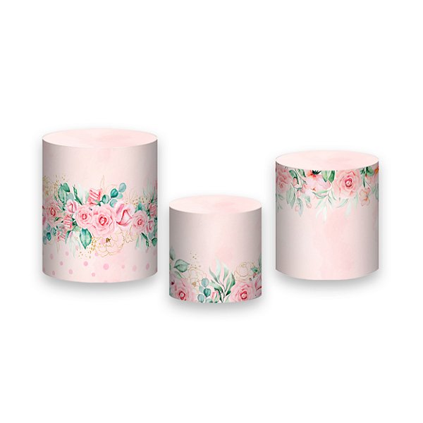 Trio De Capas De Cilindro - Flores Rosa Aquarela 025