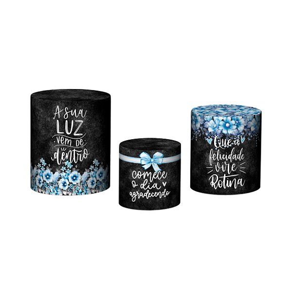 Trio De Capas De Cilindro - Preto com Flores Azuis 031