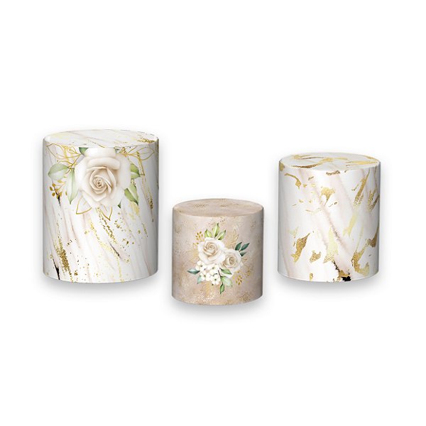 Trio De Capas De Cilindro - Flores Bege com Dourado 037