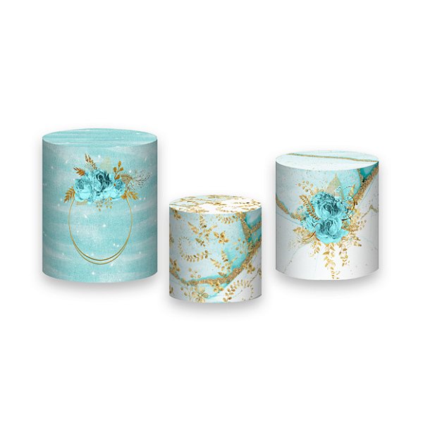 Trio De Capas De Cilindro - Flores Efeito Mármore Azul Esverdeado com Dourado 060