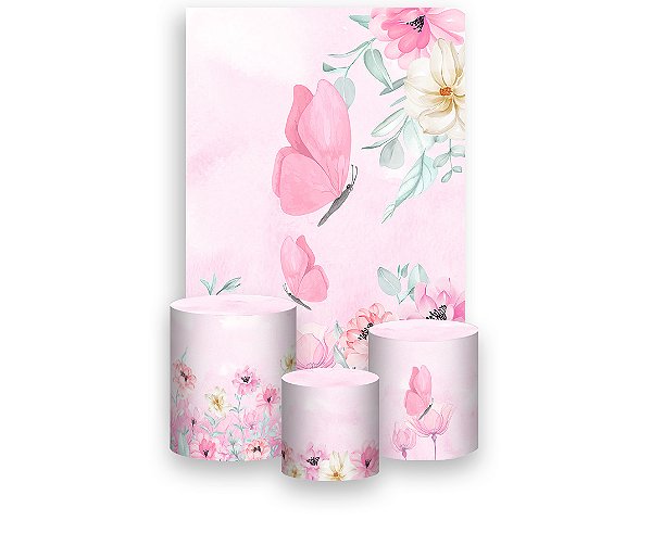 Painel De Festa Vertical 1,50 x 2,20 + Trio De Capas Cilindro - Borboleta Rosa no Campo 039