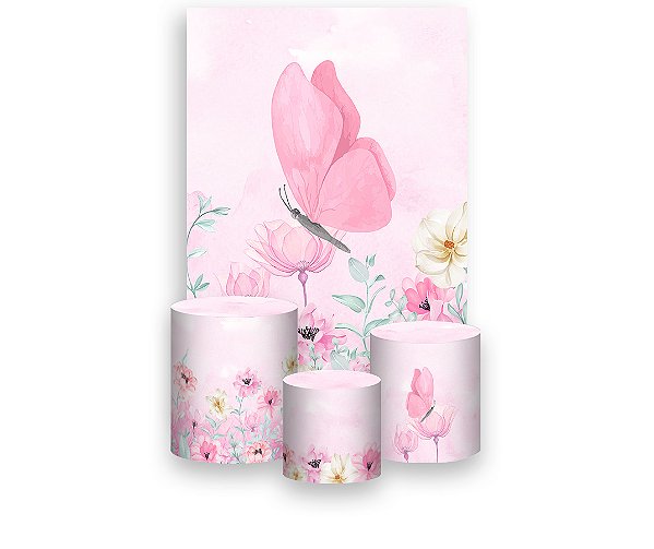 Painel De Festa Vertical 1,50 x 2,20 + Trio De Capas Cilindro - Borboleta Rosa Aquarela 040