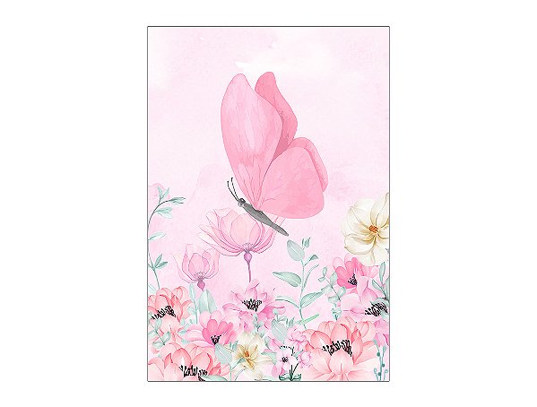 Painel De Festa Vertical 1,50 x 2,20 - Borboleta Rosa no Campo Floral 048