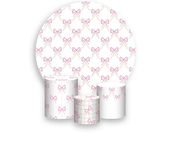 Painel De Festa Redondo 1,50 x 1,50 + Trio De Capas Cilindro - Laços e Fitas Entrelaçados Rosa 065