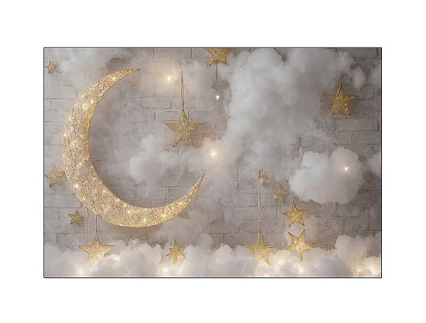 Fundo Fotográfico 2,20 x 1,50 - Lua Crescente e Estrelas Realistas 023