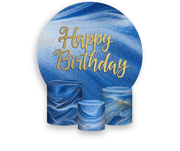Painel De Festa Redondo 1,50 x 1,50 + Trio De Capas Cilindro - Happy Azul e Dourado 304