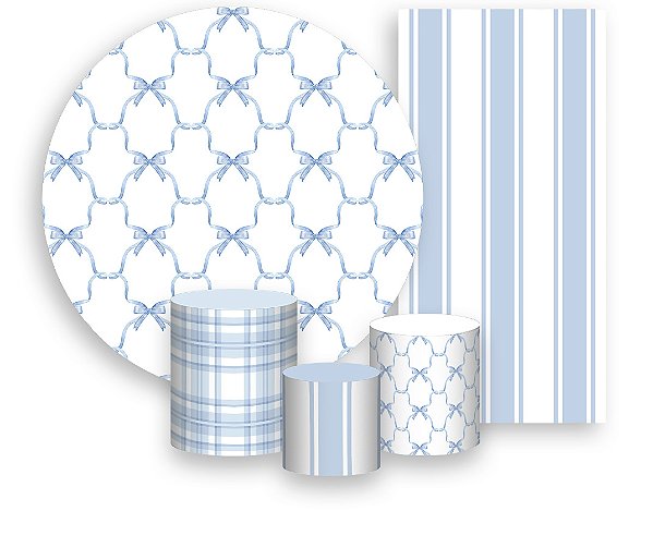 Painel De Festa + Trio De Capas Cilindro + Faixa Veste Fácil - Laços e Fitas Entrelaçados Azuis 024