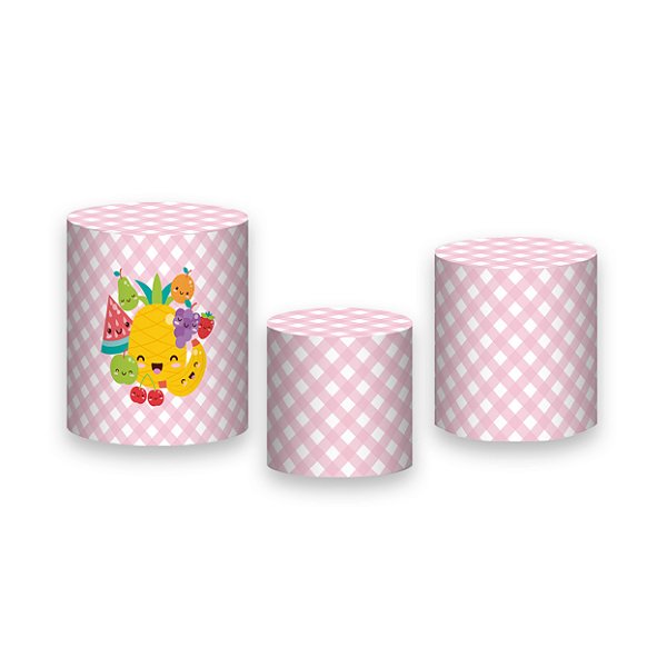 Trio De Capas De Cilindro - Frutinhas Xadrez Rosa 052