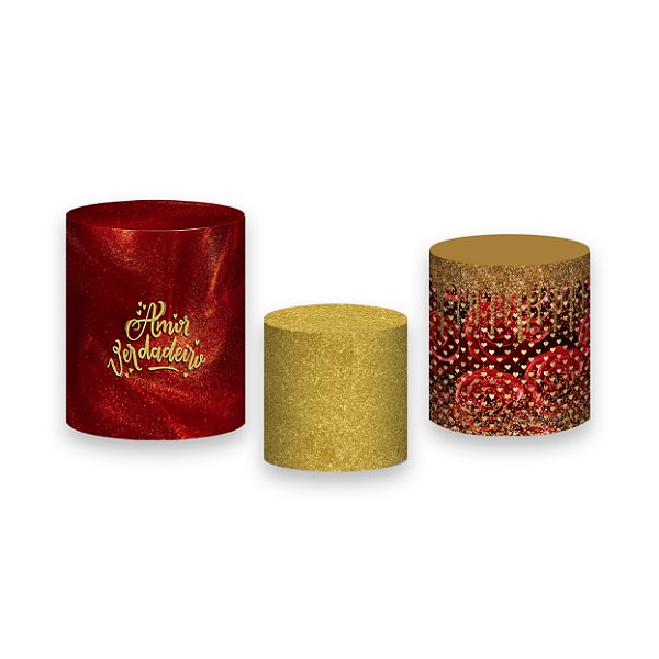 Trio De Capas De Cilindro - Feliz Dia dos Namorados Vermelho e Dourado 072