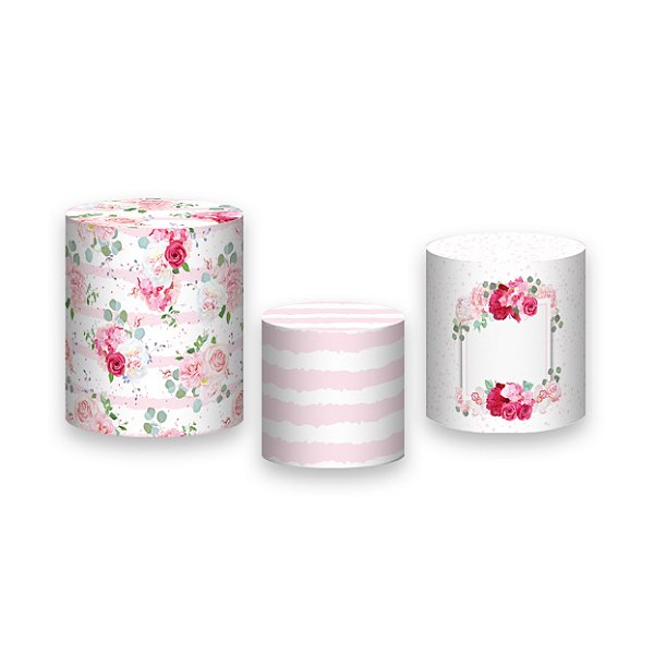 Trio De Capas De Cilindro - Outubro Rosa Floral 003