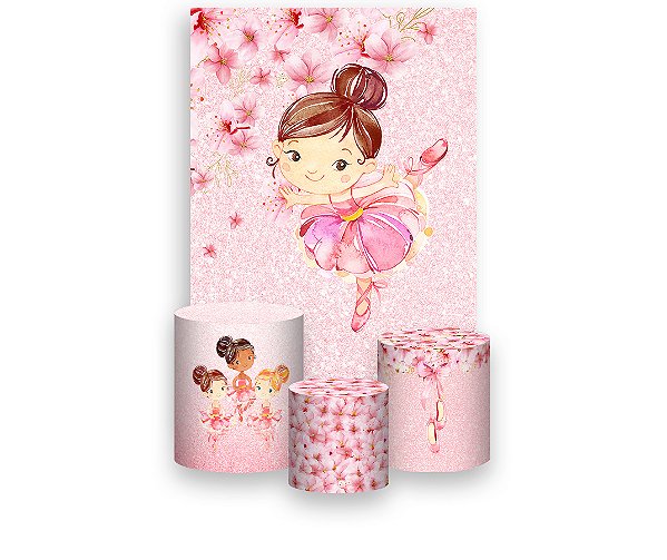 Painel De Festa Vertical 1,50 x 2,20 + Trio De Capas Cilindro - Bailarina Flores Rosas 014