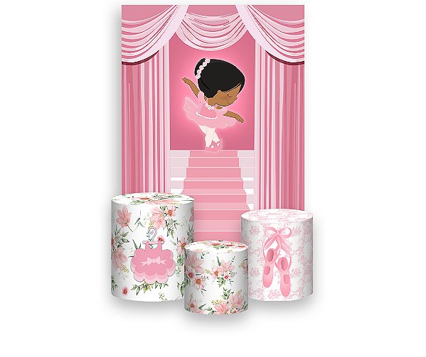 Painel De Festa Vertical 1,50 x 2,20 + Trio De Capas Cilindro - Bailarina Alongando Rosa 019