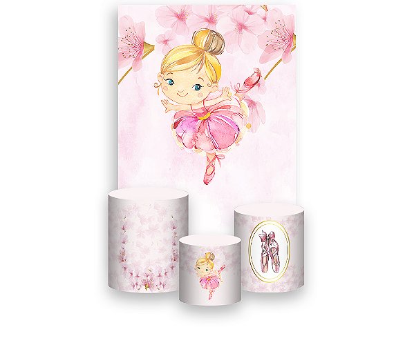 Painel De Festa Vertical 1,50 x 2,20 + Trio De Capas Cilindro - Bailarina Floral Rosa 025