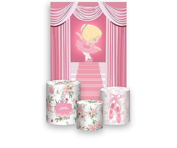 Painel De Festa Vertical 1,50 x 2,20 + Trio De Capas Cilindro - Bailarina Alongando na Esacadaria 026