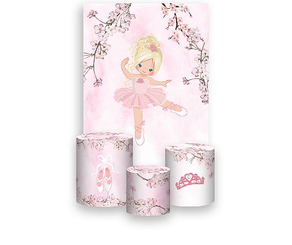 Painel De Festa Vertical 1,50 x 2,20 + Trio De Capas Cilindro - Bailarina Cute com Flores 029