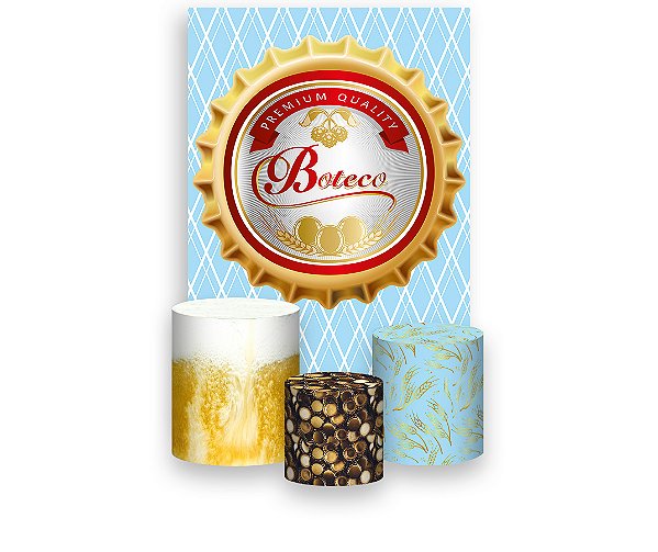 Painel De Festa Vertical 1,50 x 2,20 + Trio De Capas Cilindro - Boteco Azul Frame Tampinha de Cerveja 016