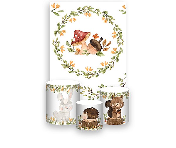 Painel De Festa Vertical 1,50 x 2,20 + Trio De Capas Cilindro - Bosque Frame de Folhas 006