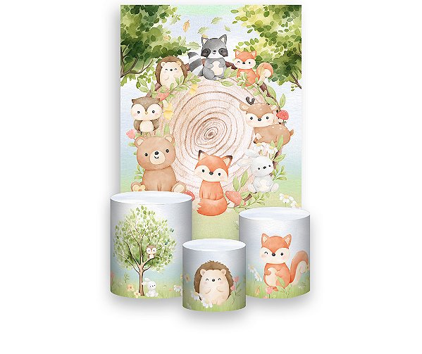 Painel De Festa Vertical 1,50 x 2,20 + Trio De Capas Cilindro - Bosque Animais Cute 013
