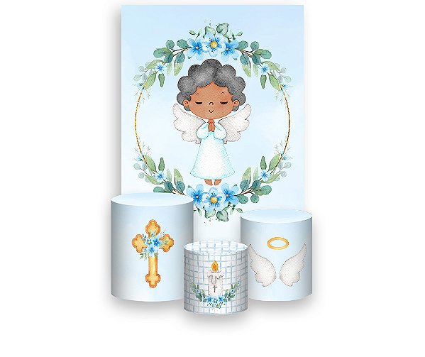 Painel De Festa Vertical 1,50 x 2,20 + Trio De Capas Cilindro - Anjo Cute Frame Floral 029