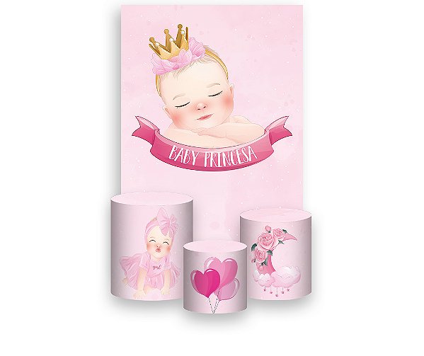 Painel De Festa Vertical 1,50 x 2,20 + Trio De Capas Cilindro - Chá de Bebê Menina Rosa 001
