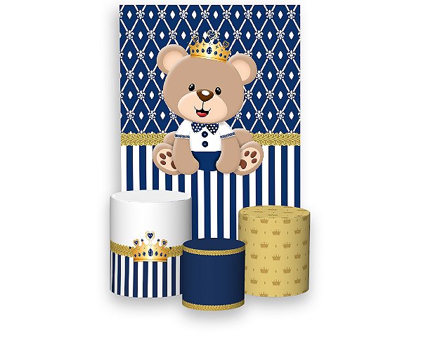 Painel De Festa Vertical 1,50 x 2,20 + Trio De Capas Cilindro - Urso Principe Azul Marinho 005