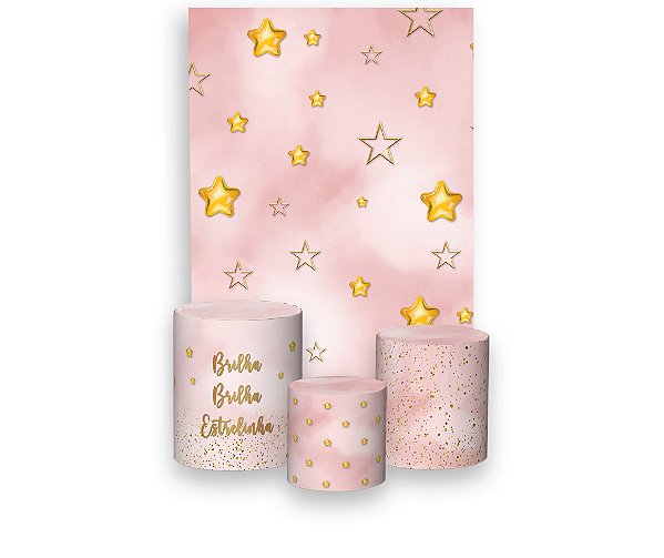 Painel De Festa Vertical 1,50 x 2,20 + Trio De Capas Cilindro - Brilha Brilha Estrelinha Rosa 010