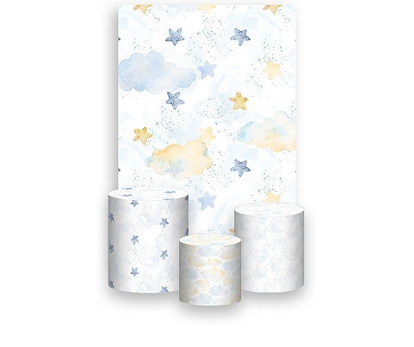 Painel De Festa Vertical 1,50 x 2,20 + Trio De Capas Cilindro - Estrelinhas Azul e Amarelo 019