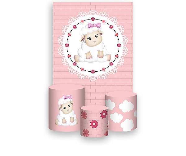 Painel De Festa Vertical 1,50 x 2,20 + Trio De Capas Cilindro - Ovelinha Cute 023