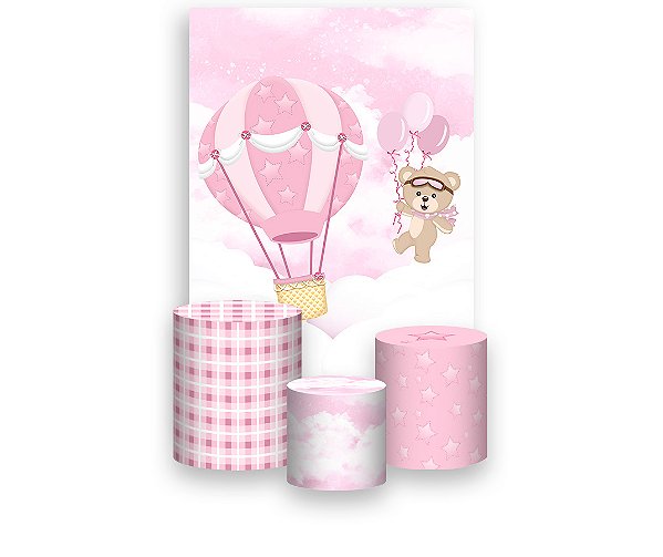 Painel De Festa Vertical 1,50 x 2,20 + Trio De Capas Cilindro - Ursinha Baloeira Rosa 026