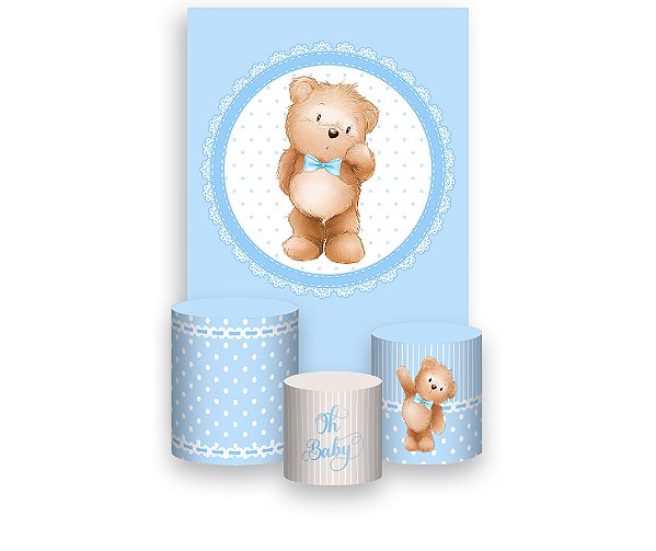 Painel De Festa Vertical 1,50 x 2,20 + Trio De Capas Cilindro - Ursinho Cute Azul 033