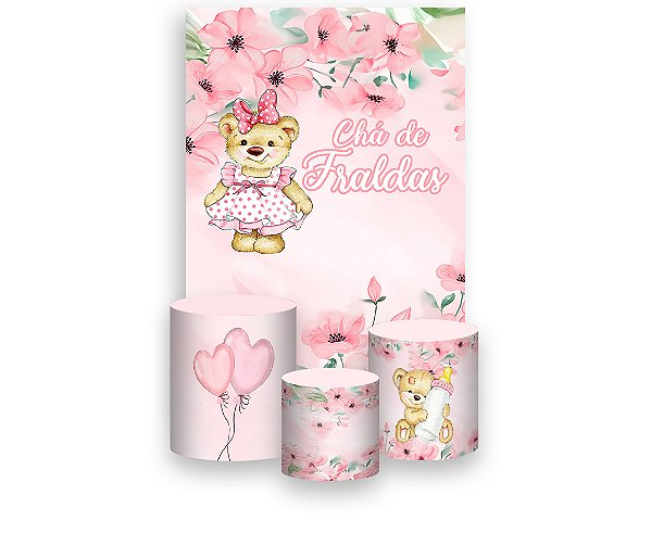 Painel De Festa Vertical 1,50 x 2,20 + Trio De Capas Cilindro - Chá de Fraldas Ursa Floral 045