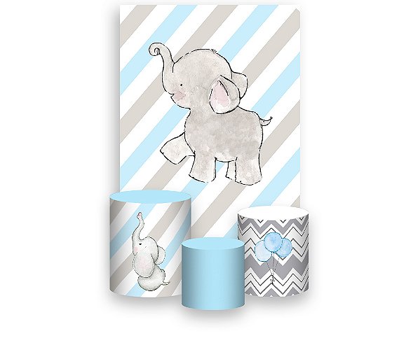 Painel De Festa Vertical 1,50 x 2,20 + Trio De Capas Cilindro - Elefante Cute Azul 048