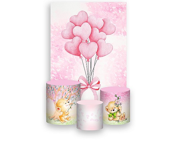 Painel De Festa Vertical 1,50 x 2,20 + Trio De Capas Cilindro - Ursinha Balões Rosas 050