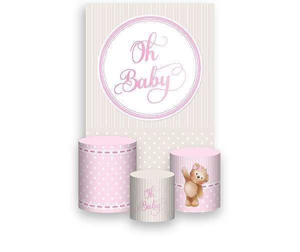 Painel De Festa Vertical 1,50 x 2,20 + Trio De Capas Cilindro - Oh Baby Rosa Claro 055