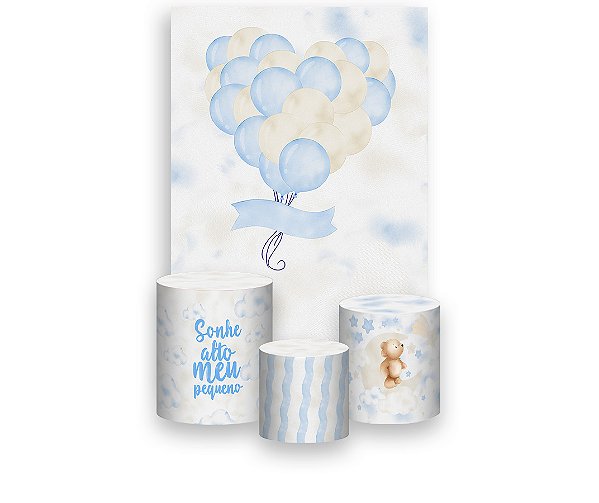 Painel De Festa Vertical 1,50 x 2,20 + Trio De Capas Cilindro - Urso Sonho nas Nuvens Aquarela 060
