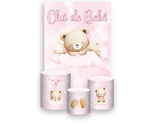 Painel De Festa Vertical 1,50 x 2,20 + Trio De Capas Cilindro - Ursinha Cute Rosa 085