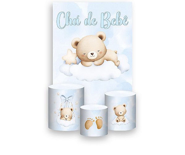 Painel De Festa Vertical 1,50 x 2,20 + Trio De Capas Cilindro - Ursinho Cute Azul 086